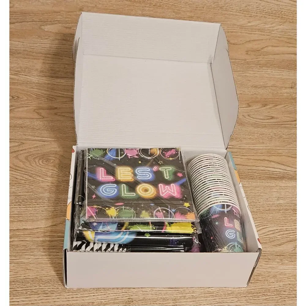 NEW Birthday Wishes Party Box 24 Large & Small Plates Cups Cutlery 2 Table Cover